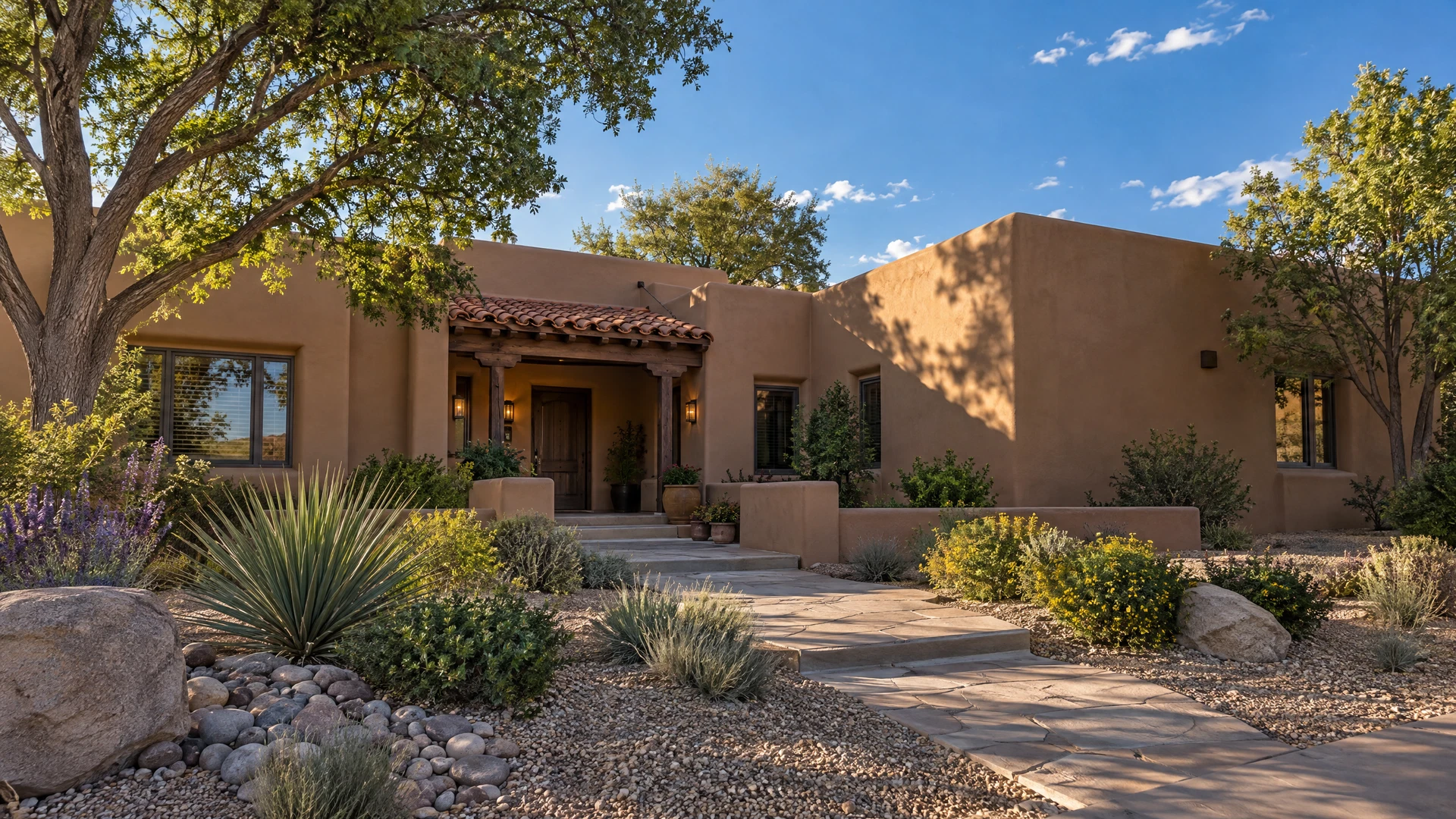 Well-maintained Southwestern-style home with tidy desert landscaping in warm New Mexico sunlight