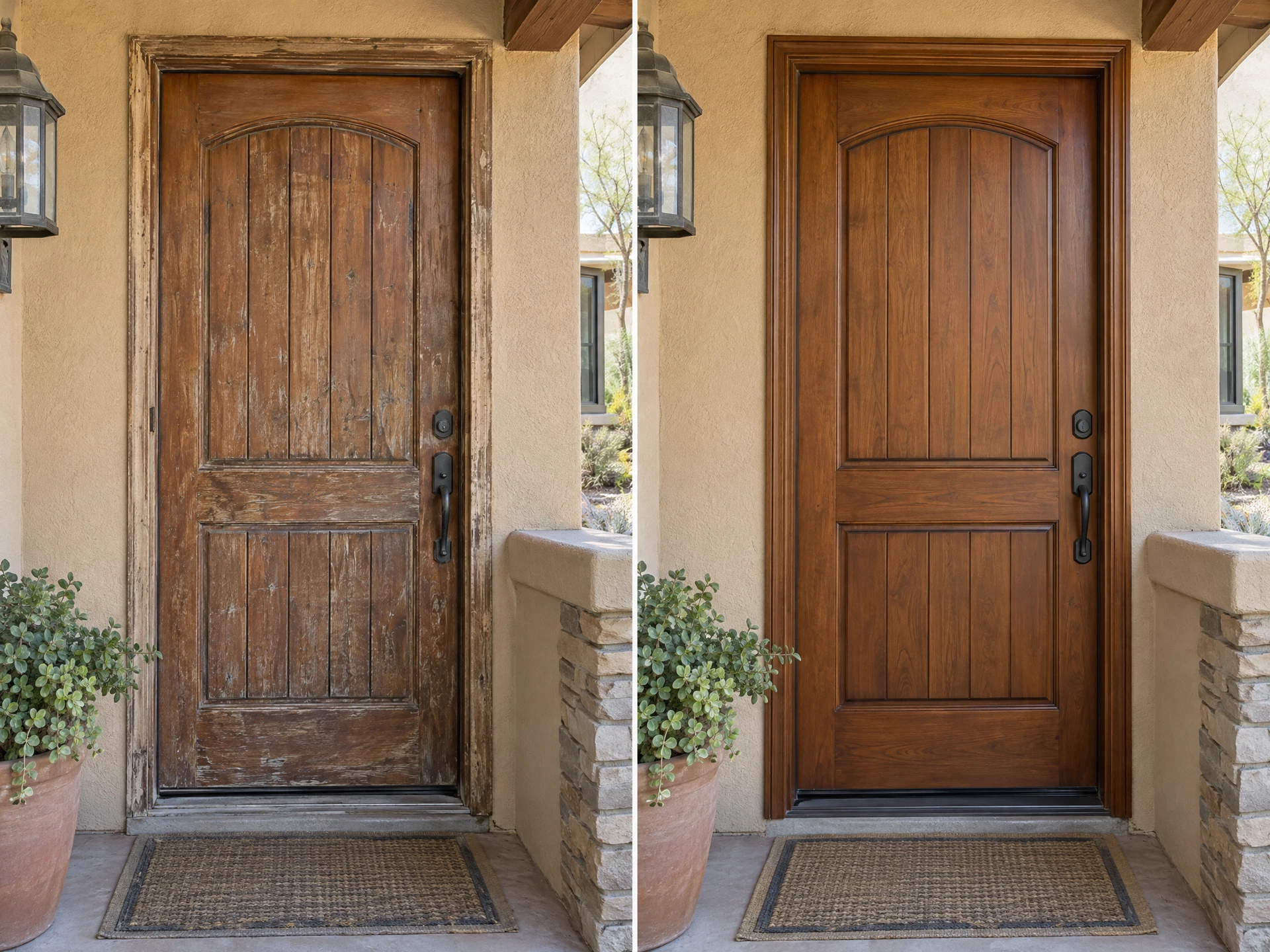 Illustrative before-and-after comparison of a restored wooden entry door and trim