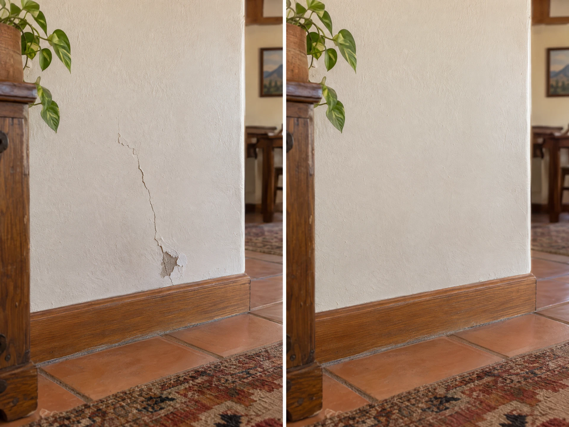 Illustrative before-and-after comparison of a cracked wall and smooth repaired finish