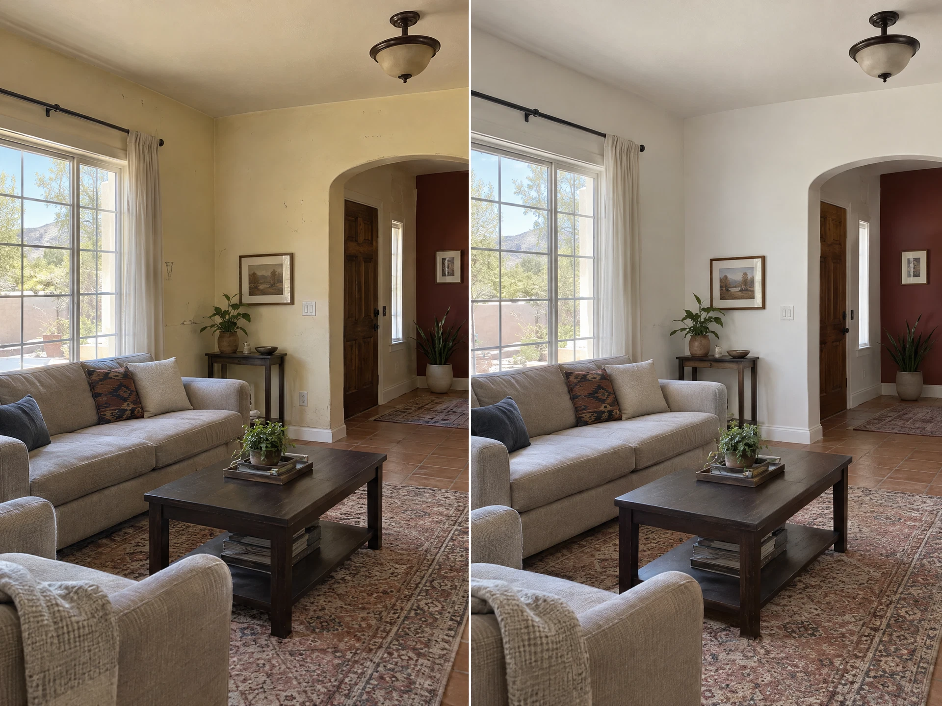 Illustrative before-and-after comparison of refreshed residential paint and trim