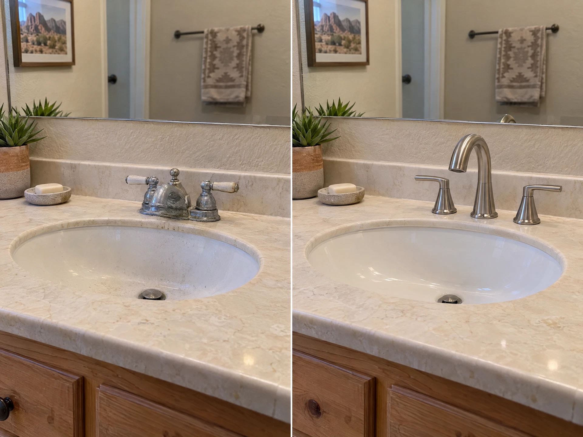 Illustrative before-and-after comparison of an updated bathroom faucet installation