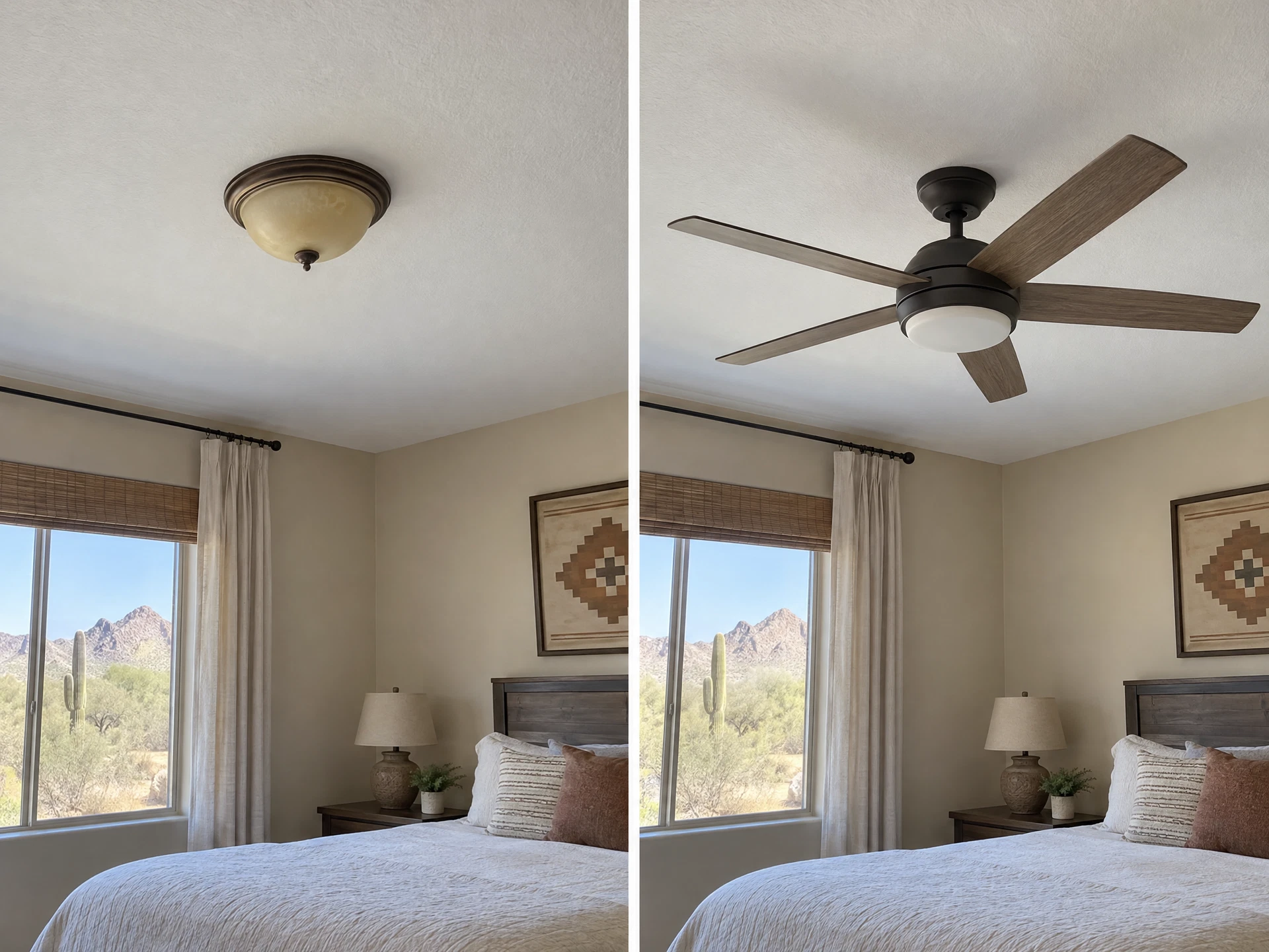 Illustrative before-and-after comparison of a ceiling light replaced with a ceiling fan fixture