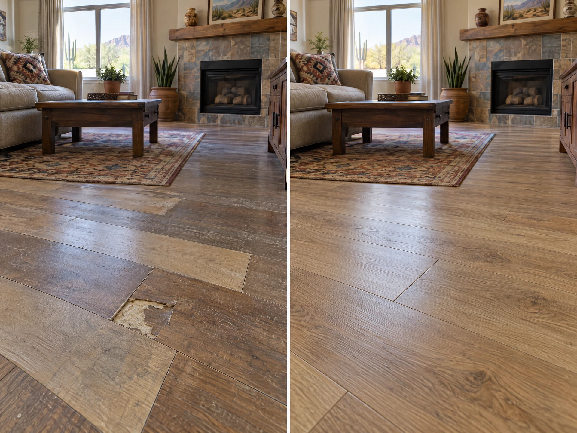 Illustrative before-and-after comparison of repaired oak-look residential flooring
