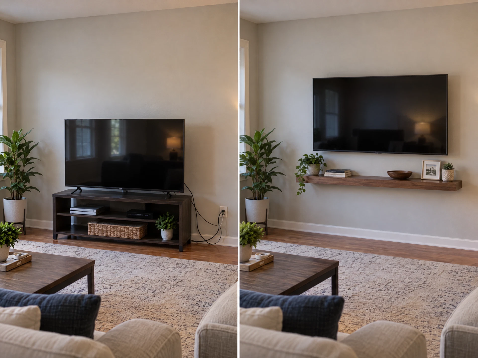 Illustrative before-and-after comparison of a neatly wall-mounted television and shelf
