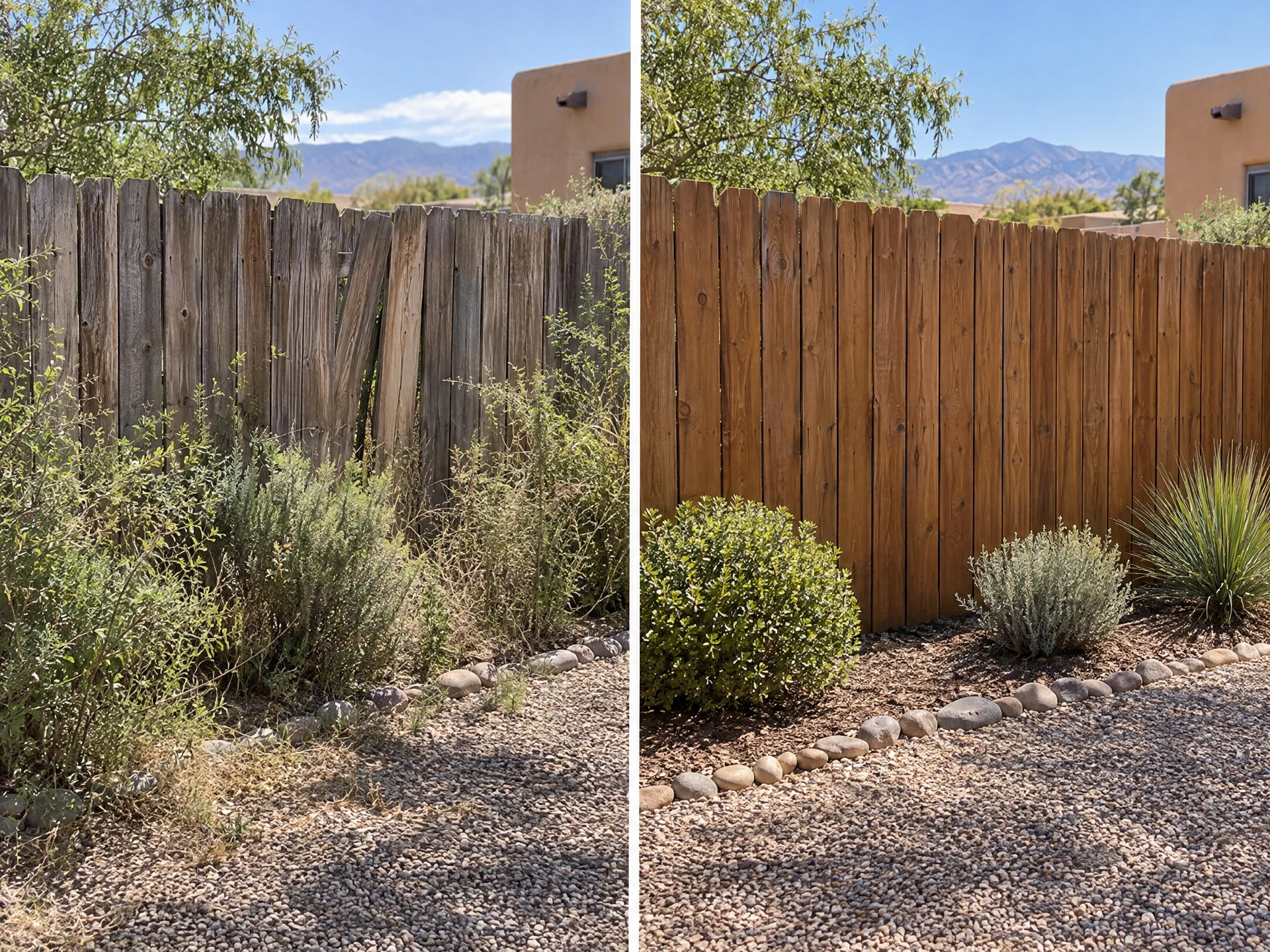 Illustrative before-and-after comparison of a repaired fence and tidy outdoor property
